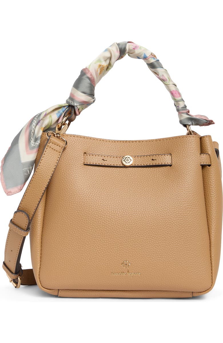 Nanette Lepore Scarf Trim Belted Bucket Bag, Main, color, Brown Sugar
