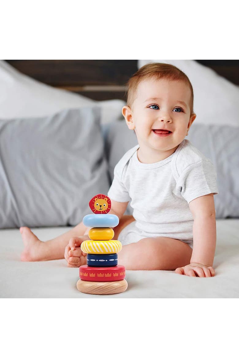 Leo Stacking Toddler Ring Tower - 7-Piece Blue Wooden Stacker Puzzle, Alternate, color, Yellow