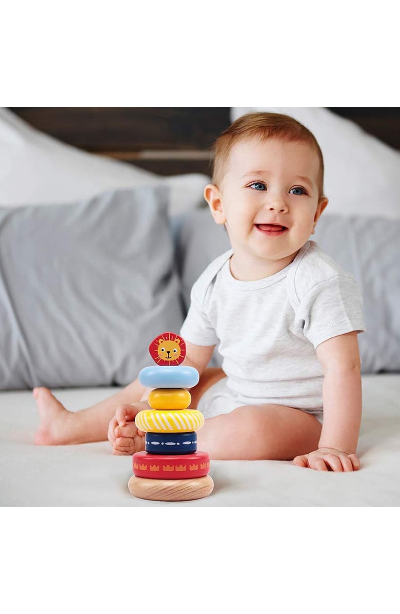 Leo & Friends Leo Stacking Toddler Ring Tower - 7-Piece Blue Wooden Stacker Puzzle, Alternate, color, Yellow