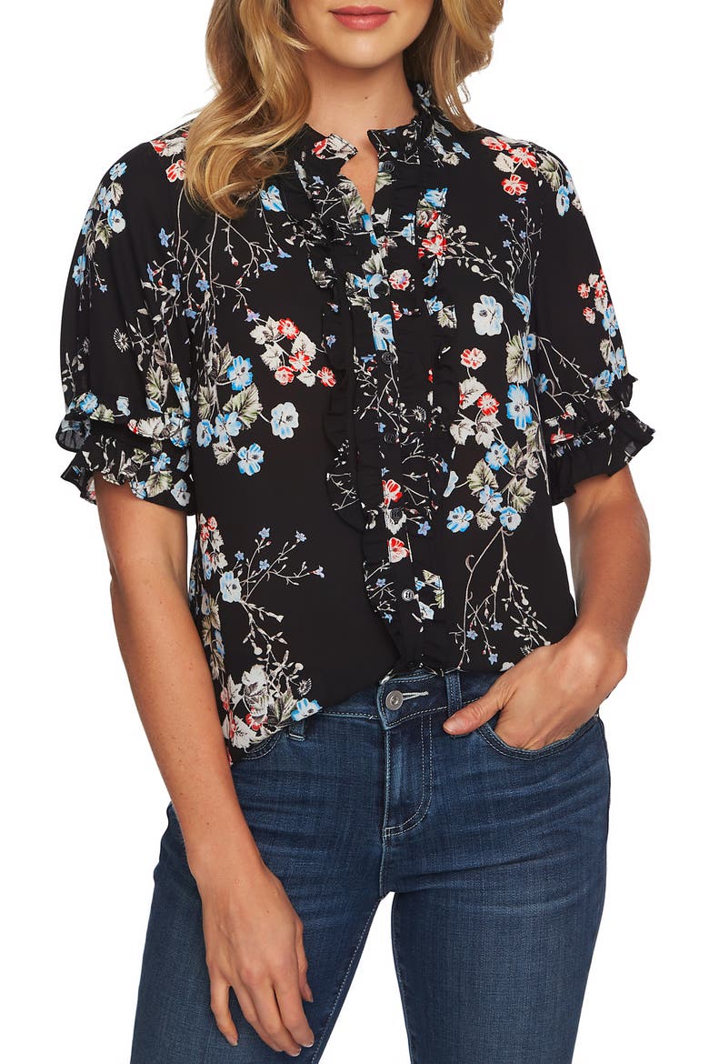 Divine Floral Ruffle Blouse, Main, color, RICH BLACK