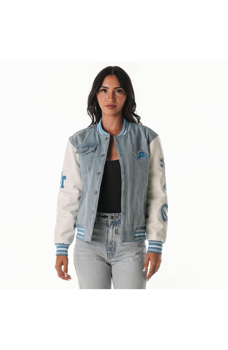 THE WILD COLLECTIVE Women's The Wild Collective Denim Detroit Lions Denim Varsity Full-Snap Jacket, Main, color, Denim