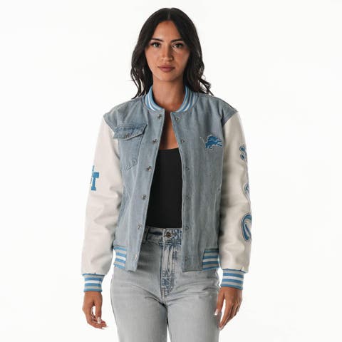 Women's The Wild Collective Denim Detroit Lions Denim Varsity Full-Snap Jacket