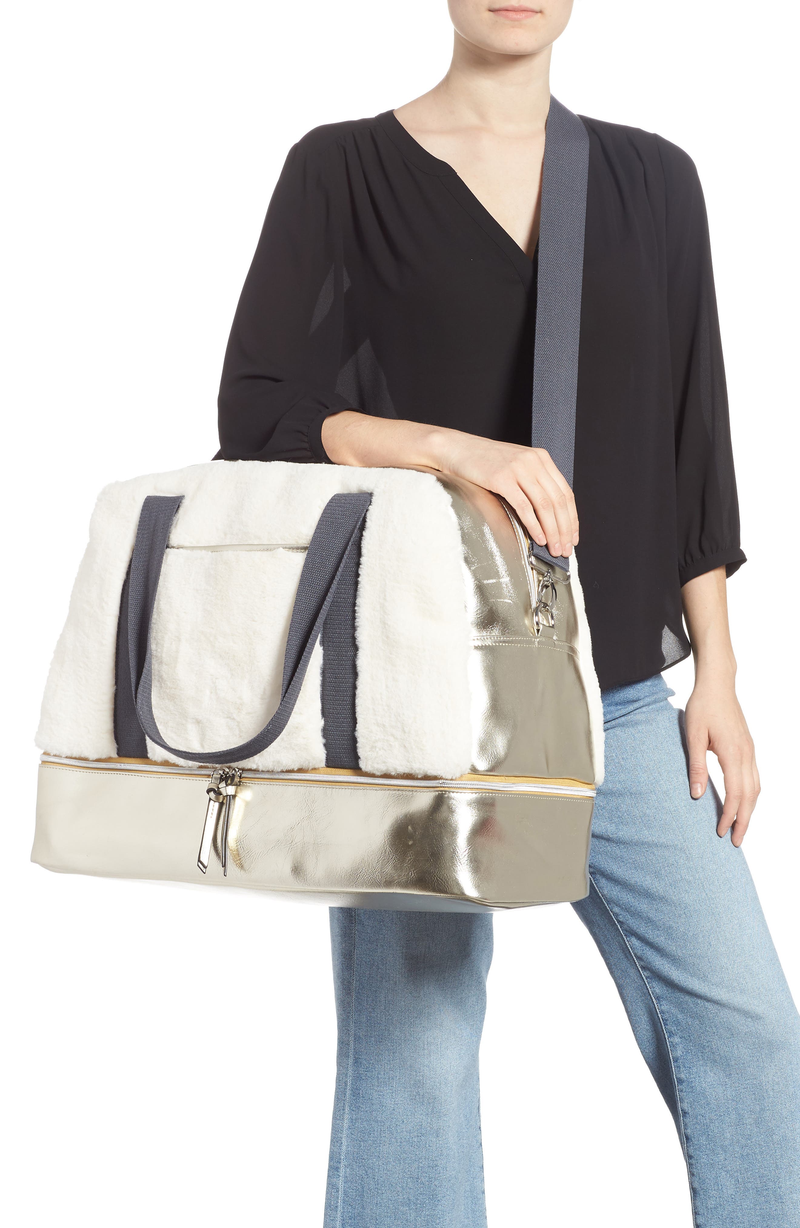 Violet Ray New York Faux Fur Weekend Bag & Pouch, Alternate, color, 