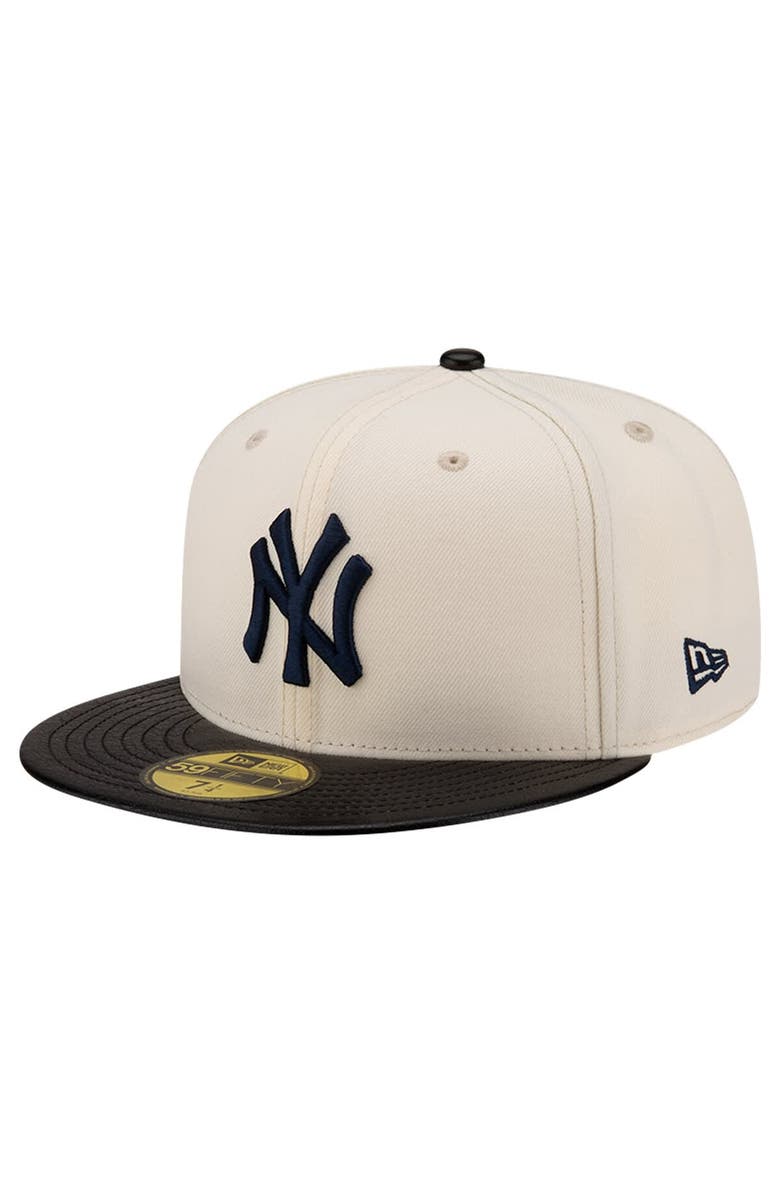 New Era Men's New Era Cream New York Yankees Game Night Leather Visor 59FIFTY Fitted Hat, Alternate, color,