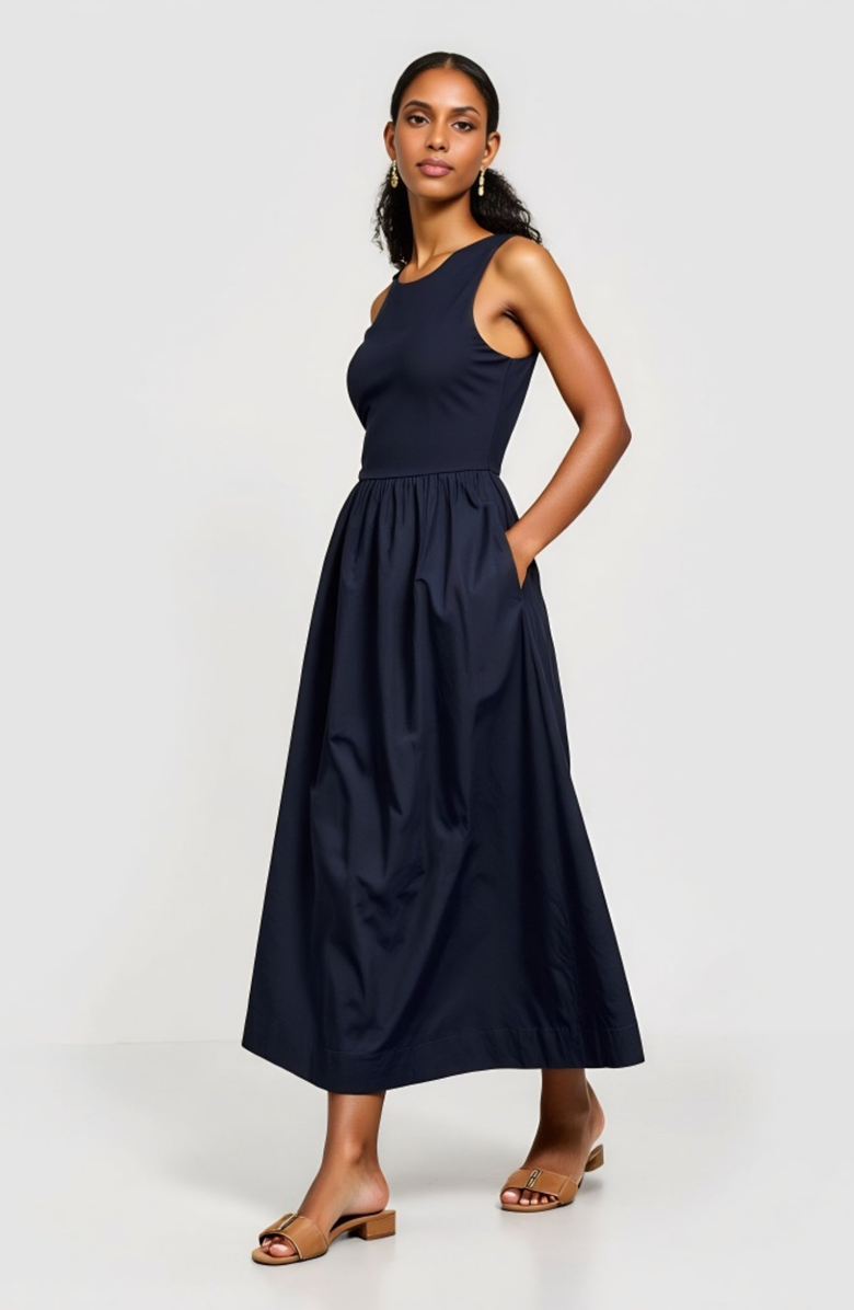Modenaire Sleeveless Fit-and-Flare Maxi Dress with Seam Waist and Side Pockets, Alternate, color, 