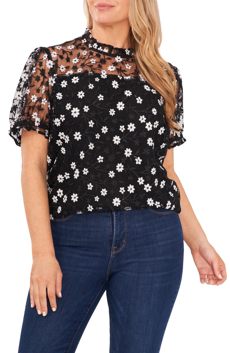 CeCe Embroidered Floral Mesh Overlay Blouse, Main, color, 