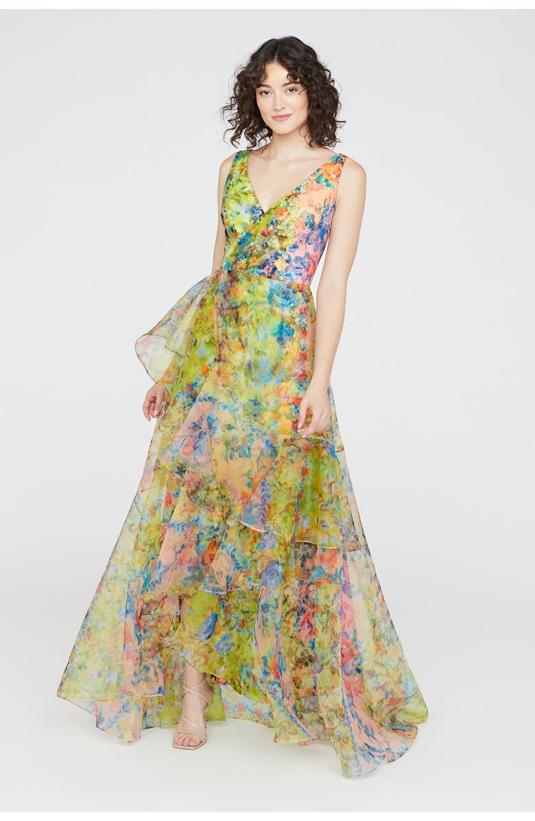 Theia Mindy Organza V Neck Gown, Main, color, 