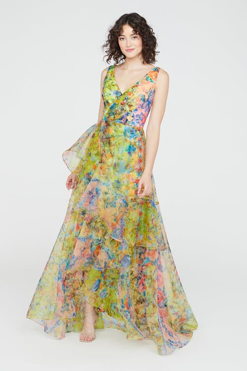 Theia Mindy Organza V-neck Gown In Heritage Patchwork Floral In Multi