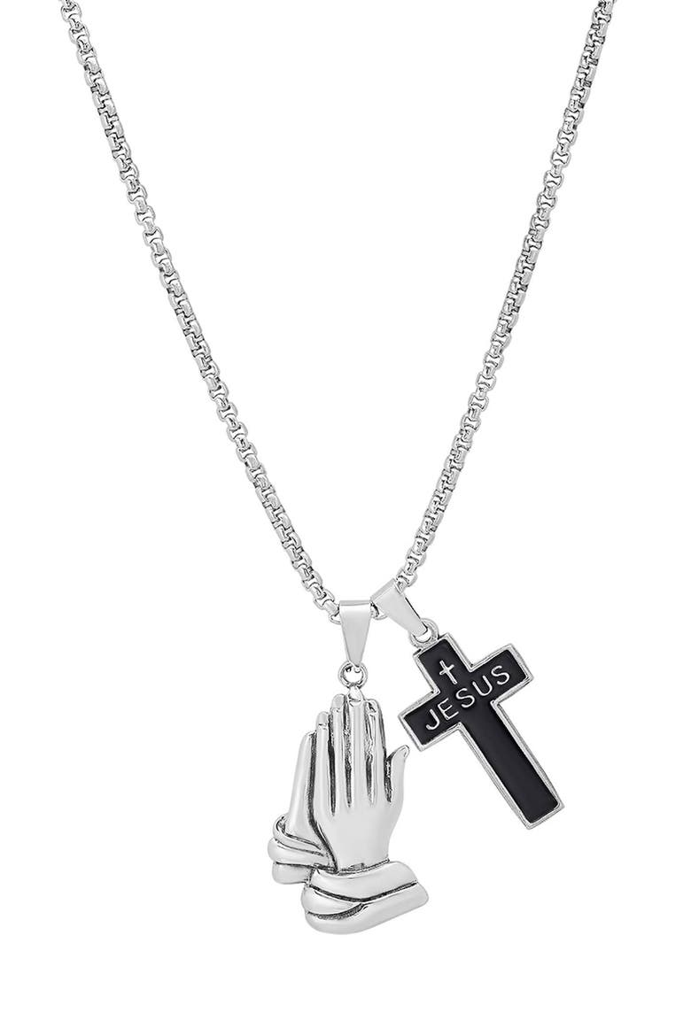Men's Stainless Steel Praying Hands and Cross Pendant Necklace, Main, color, SILVER