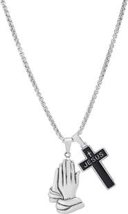 STEELTIME Men's Stainless Steel Praying Hands and Cross Pendant Necklace