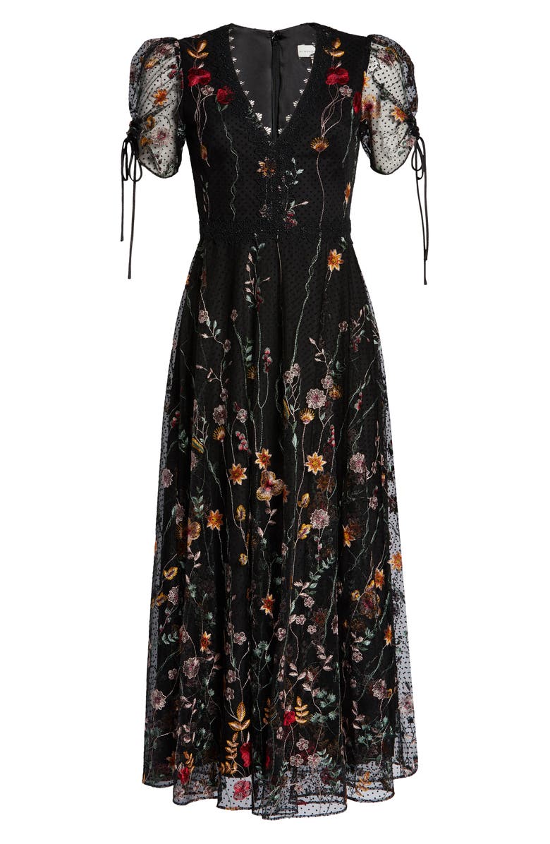 ML Monique Lhuillier Puff Sleeve Embroidered Midi Dress, Alternate, color, 