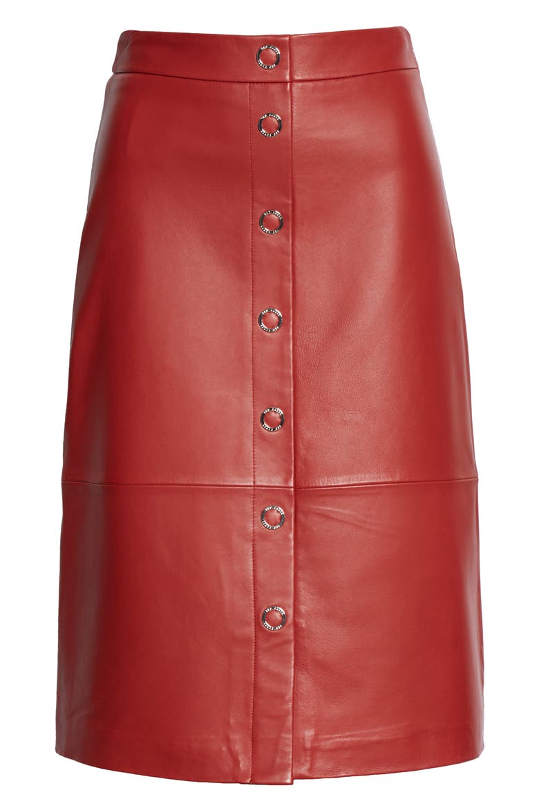 Snap Front Leather Pencil Skirt, Alternate, color, DARK RED