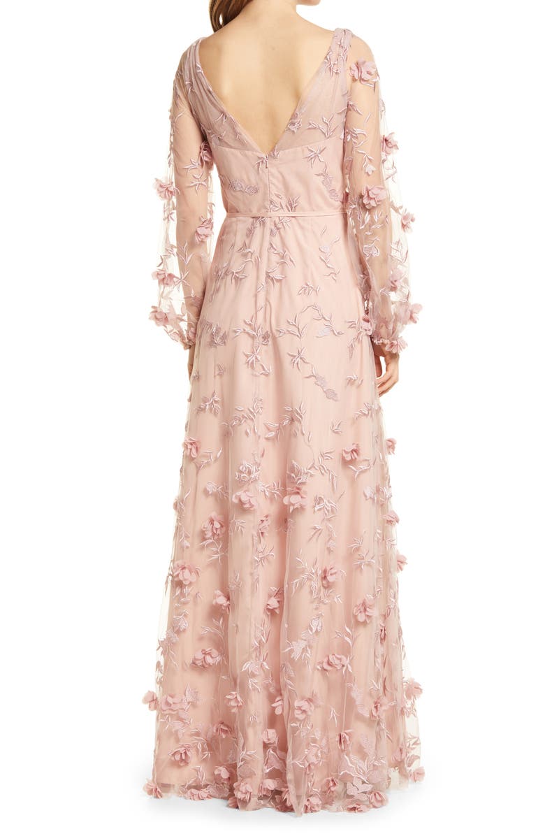 Marchesa Notte Embroidered Floral Appliqué Illusion Long Sleeve Sleeve Gown, Alternate, color,