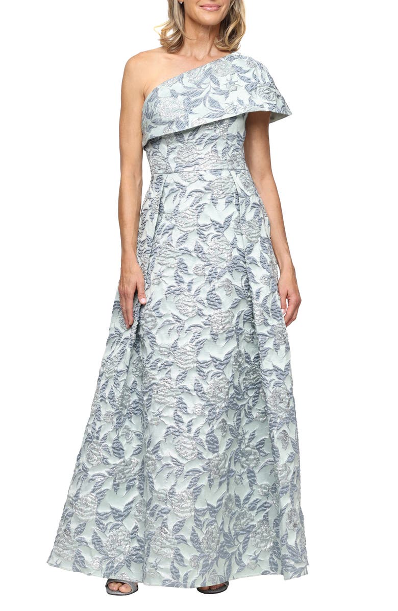 Alex Evenings One-Shoulder Floral Jacquard Gown, Main, color, Sage Multi