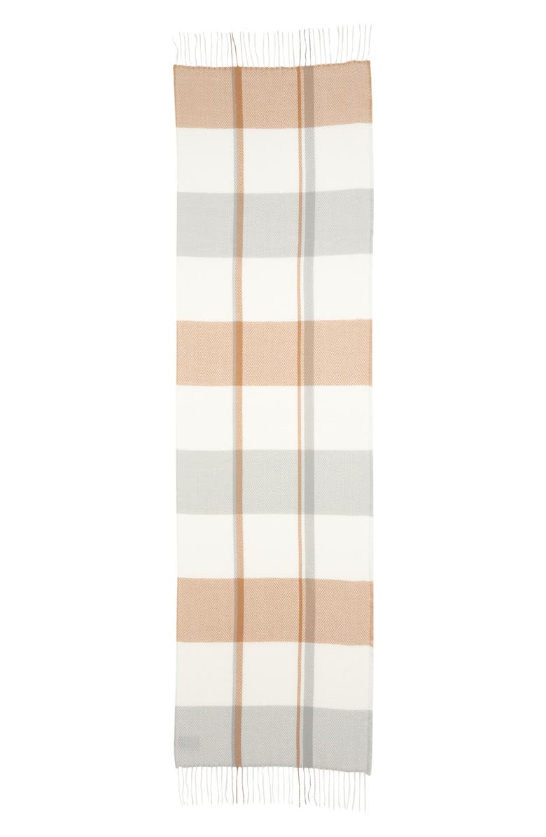 Vince Camuto Plaid Wrap Scarf & Faux Fur Pompom Beanie Set, Alternate, color, Ivory