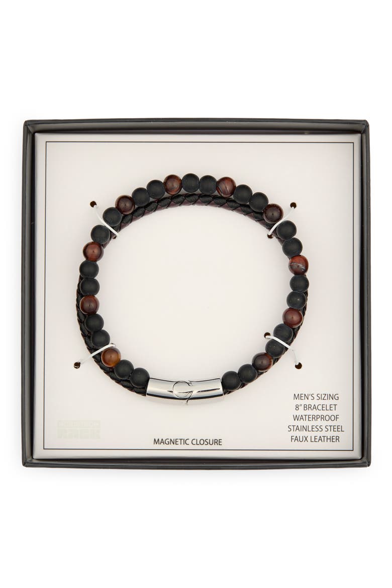 Men's 2-Row Faux Leather & Bead Bracelet, Main, color, BROWN MULTI- STAINLESS