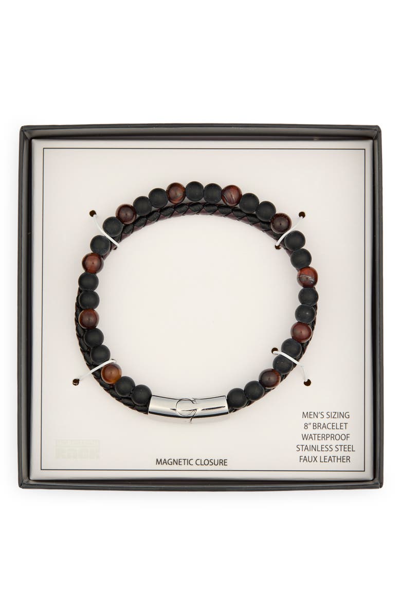 NORDSTROM RACK Men's 2-Row Faux Leather & Bead Bracelet, Main, color, Brown Multi- Stainless