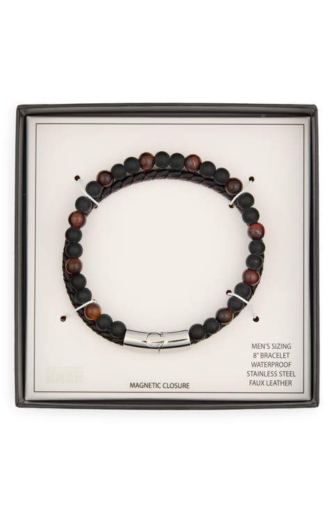 Men's 2-Row Faux Leather & Bead Bracelet