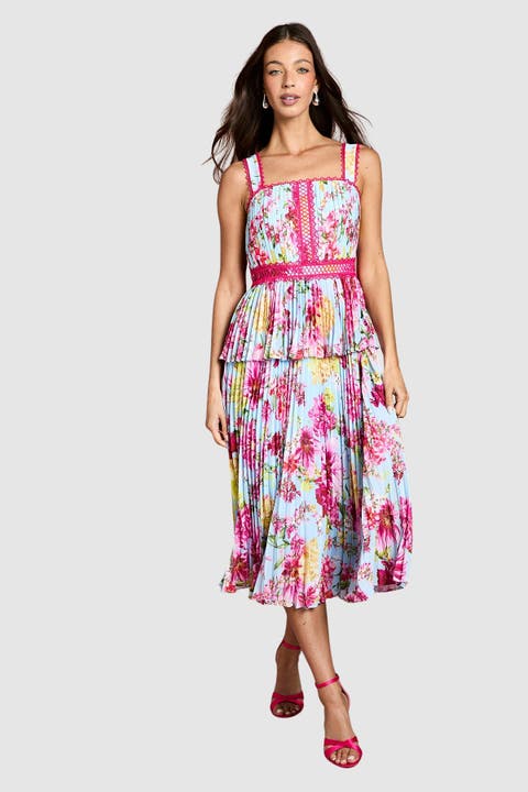 Pleated Floral Square Neck Midi Dress