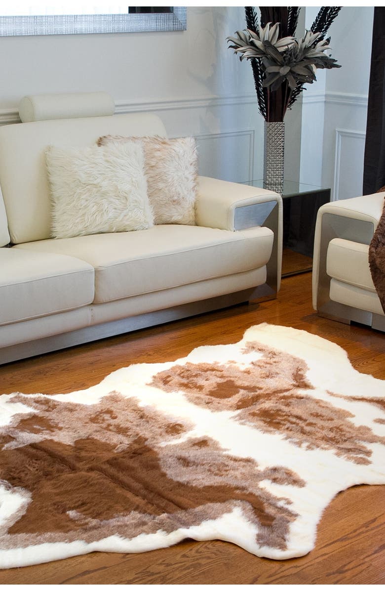LUXE Faux Fur Hide Area Rug/Throw - Brown/White, Alternate, color,