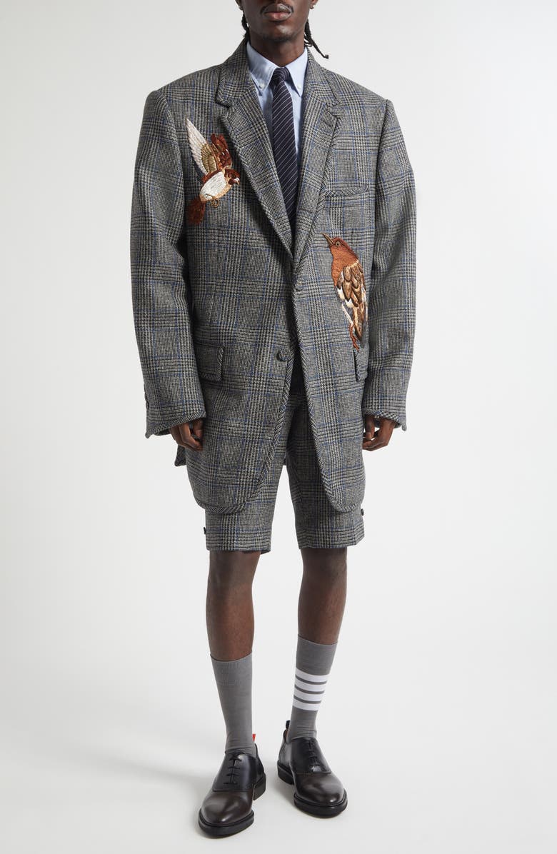 Thom Browne Prince of Wales Plaid Hunting Tweed Backstrap Shorts, Alternate, color, Medium Grey