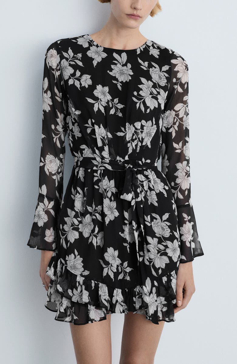 MANGO Floral Ruffle Long Sleeve Tie Belt Dress, Alternate, color, Black