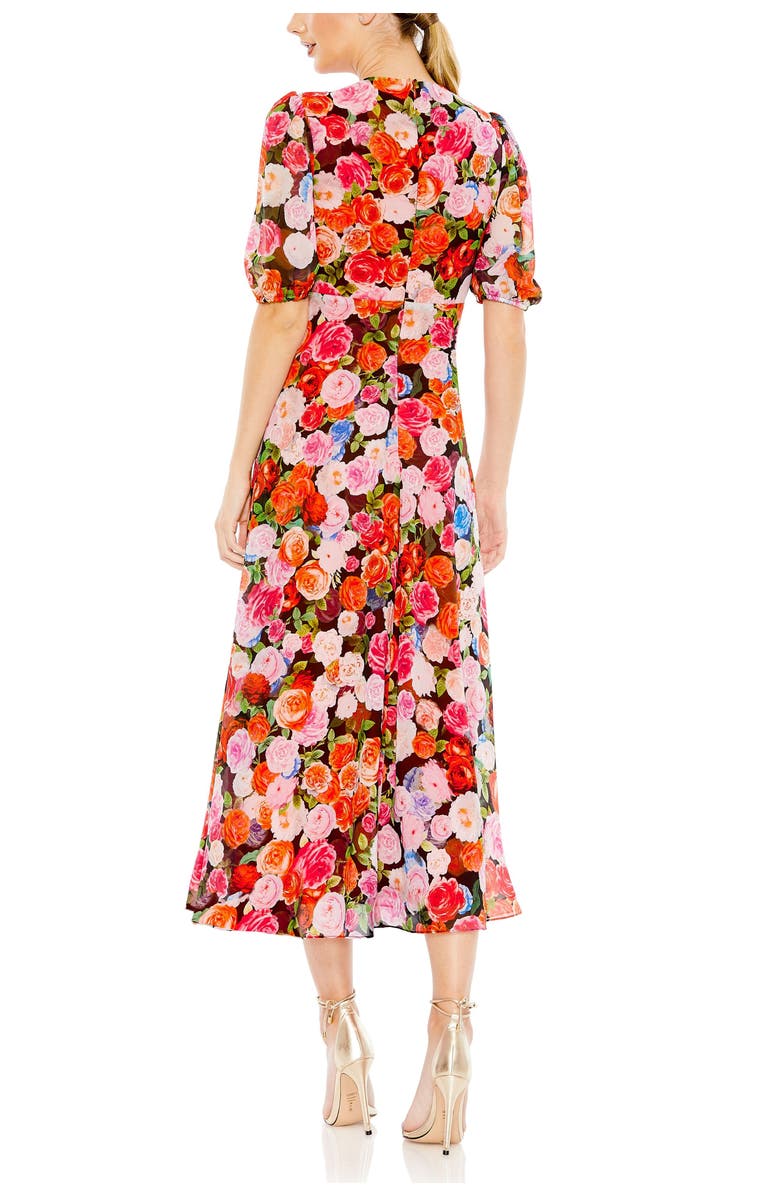 Mac Duggal Floral Print Front Tie Puff Sleeve Flowy Midi Dress, Alternate, color, Rose Multi