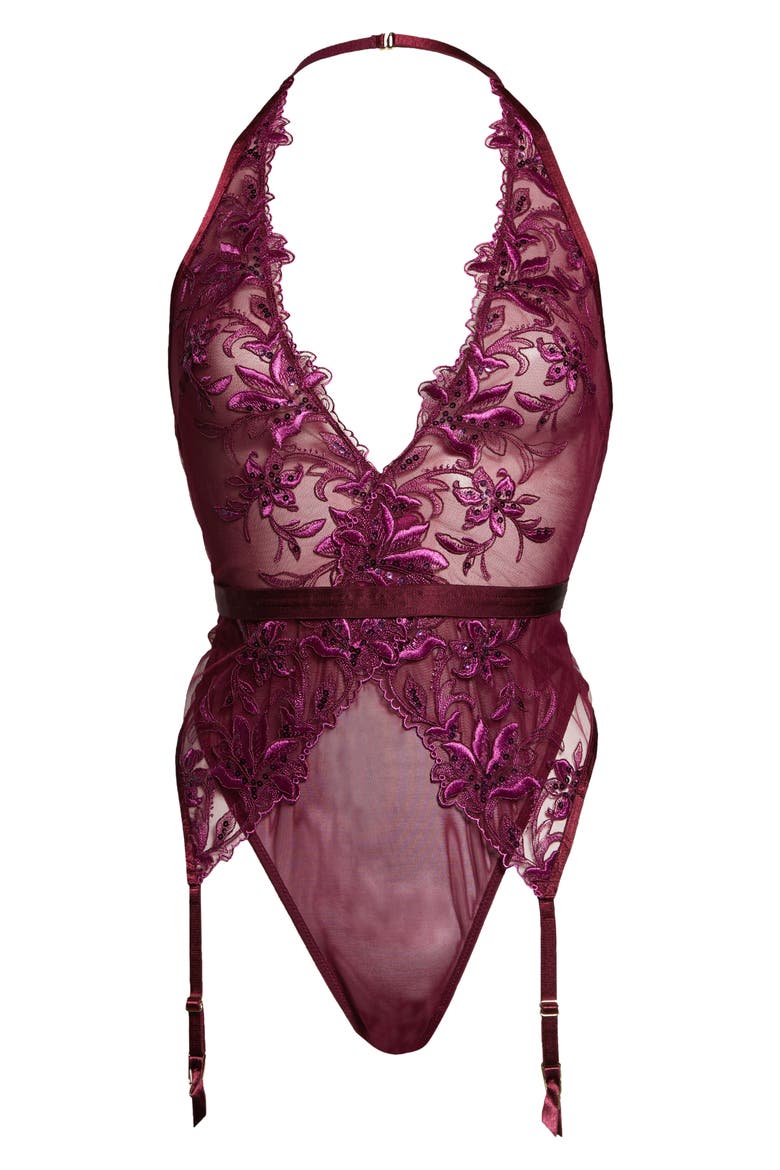 The Boldly Beautiful Thong Bodysuit with Garter Straps, Alternate, color, BURGUNDY