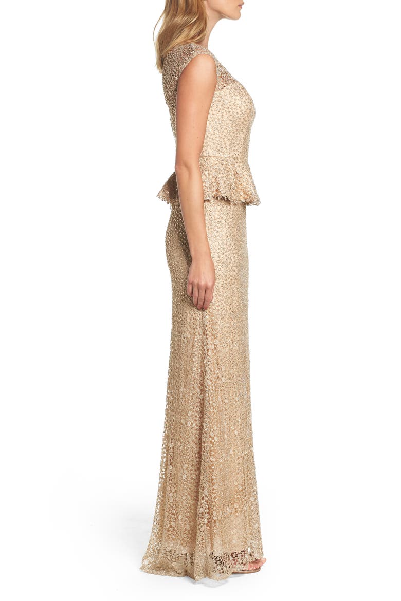 Embellished Lace Peplum Gown, Alternate, color, CHAMPAGNE