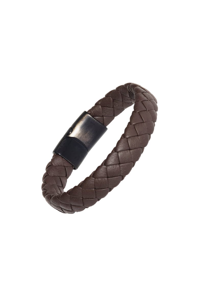 Braided Leather Bracelet with Stainless Steel Magnetic Closure, Main, color, Brown