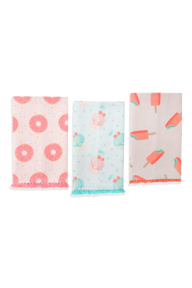 Sweet Tooth Set of 3 Cotton Waffle Kitchen Towels, Main, color, PASTEL PINK/ MINT /