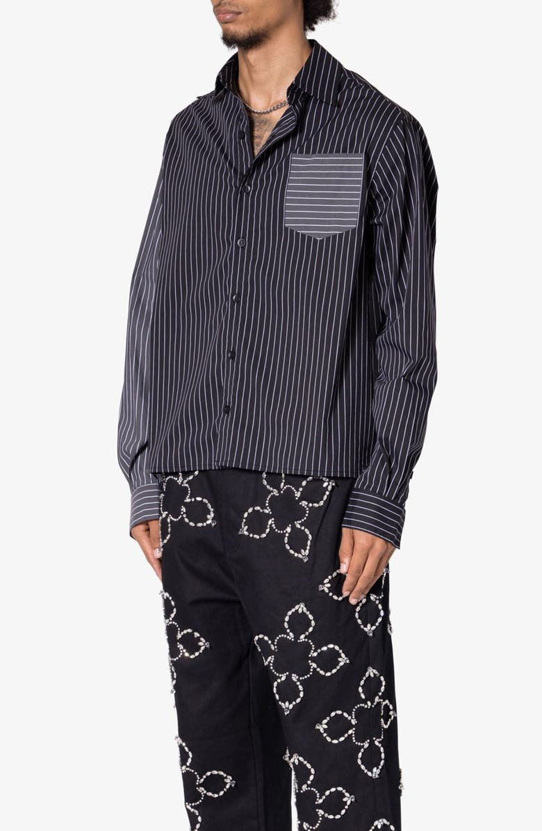 mnml Oversize Mismatched Pinstripe Button-Up Shirt Jacket, Alternate, color, Black