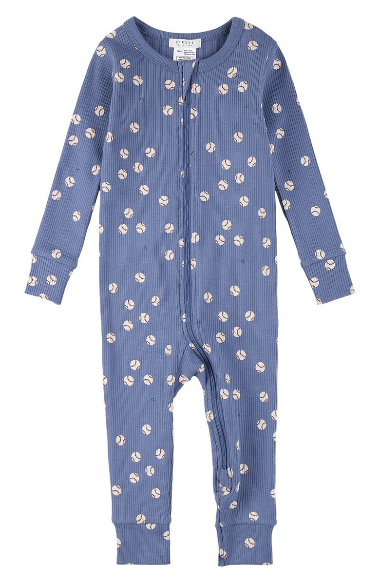 FIRSTS by Petit Lem Baseball Print Cotton Fitted One-Piece Pajamas, Main, color, 