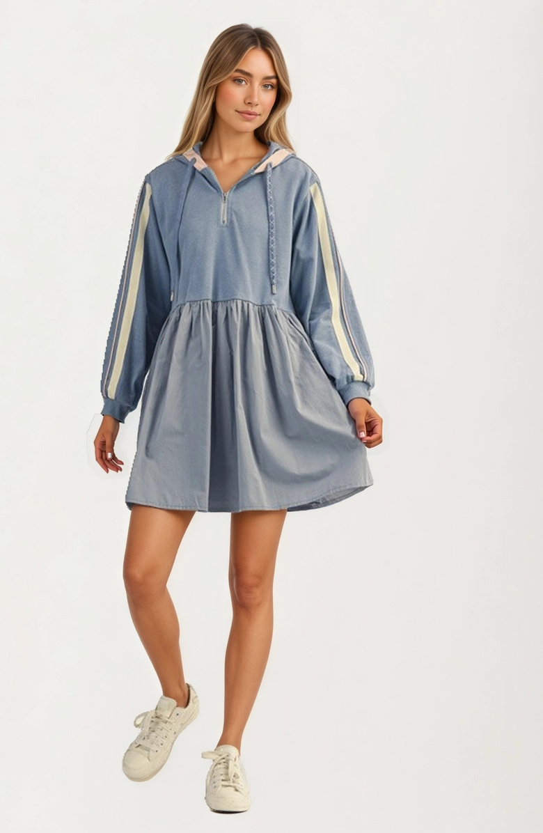 Knit and Lounge Sporty Hoodie Half Zip Contrast Stripe Mini Dress, Alternate, color, Blue