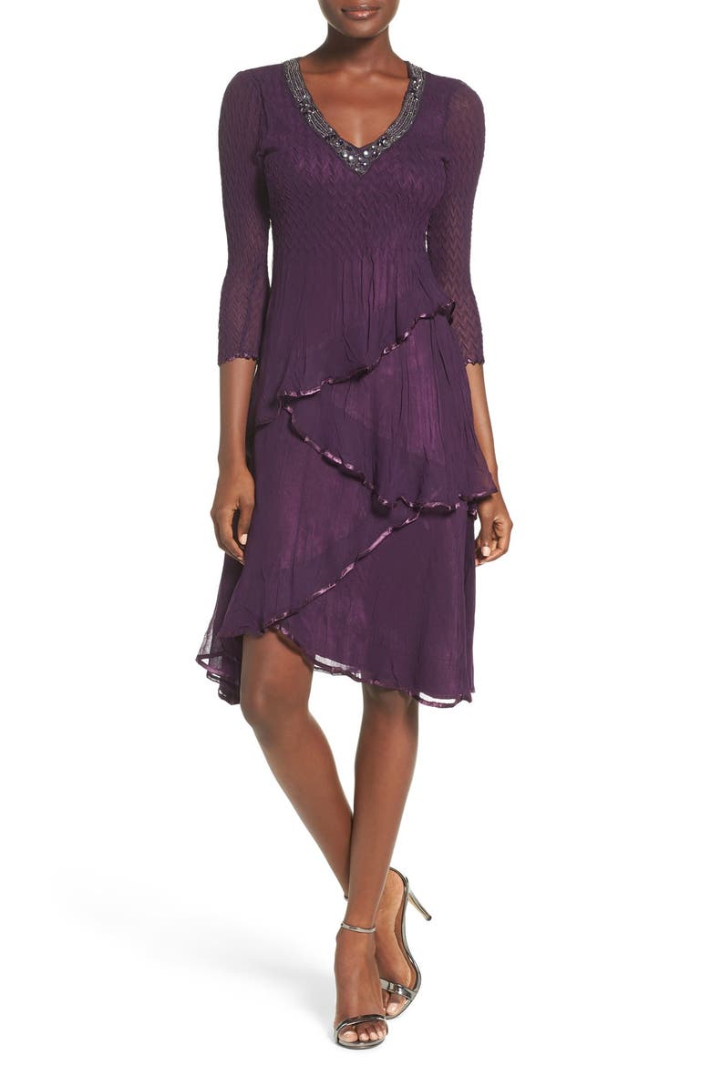 Embellished Tiered Chiffon A-Line Dress, Main, color, AUBERGINE