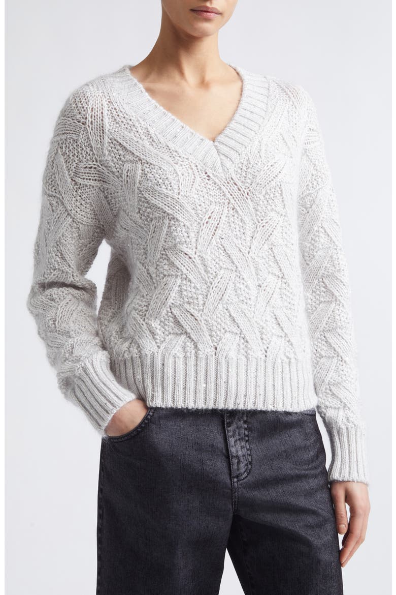 Cable Knit V-Neck Sweater, Alternate, color, 75 PEARL GRAY