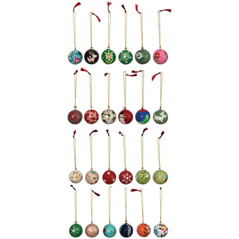 Round Hand-Painted Paper Mache Ball Ornaments in Egg Crate, Set of 24