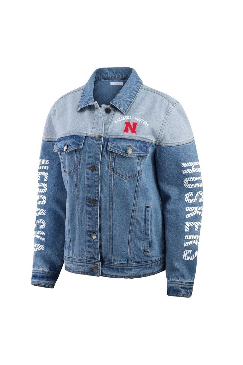 Women's WEAR by Erin Andrews Denim Nebraska Huskers Sleeve Hit Colorblock Button-Down Denim Jacket, Alternate, color, Denim
