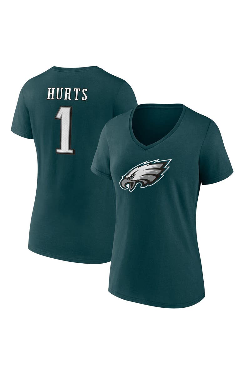 FANATICS Women's Jalen Hurts Midnight Green Philadelphia Eagles Player Icon Name & Number V-Neck T-Shirt, Main, color, 