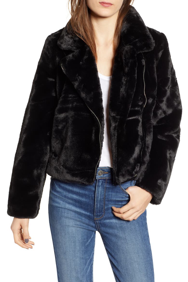 Leila Faux Fur Moto Jacket, Main, color, NOIR