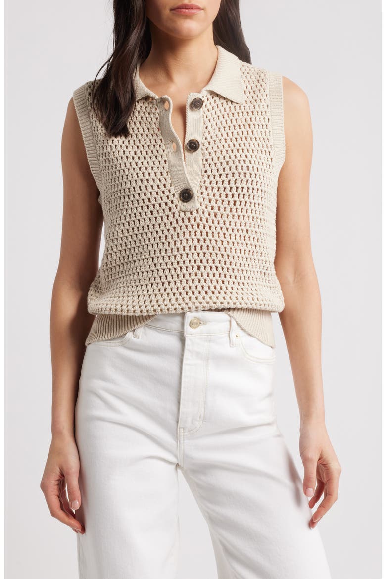 Openwork Sleeveless Polo Sweater, Main, color, TAUPE