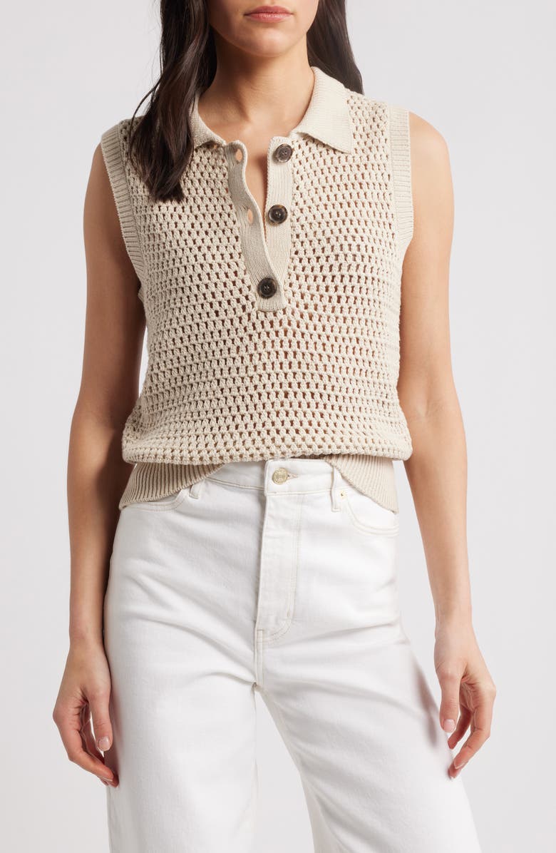 FRAME Openwork Sleeveless Polo Sweater, Main, color, Taupe