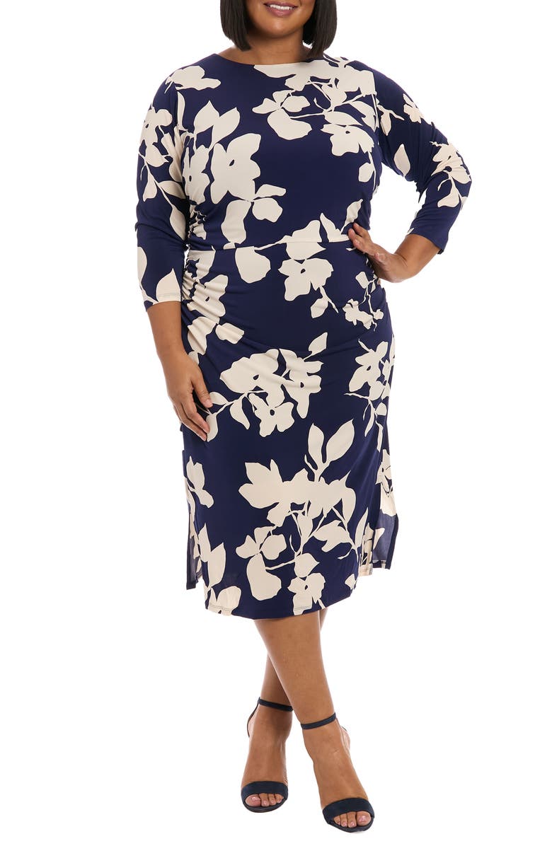 London Times Ruched Long Sleeve Midi Dress, Main, color, Navy/ Cream