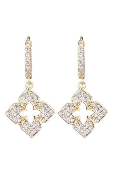 Cubic Zirconia Clover Drop Huggie Hoop Earrings