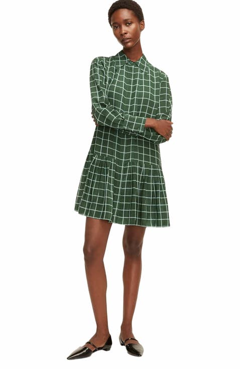 Windowpane Silk Pleated Shirt Dress