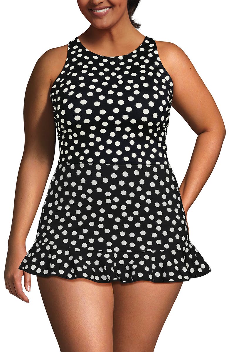 Lands' End Chlorine Resistant High Neck Racerback Midkini Swimsuit Top, Main, color, Black/Egret White Tossed Dots