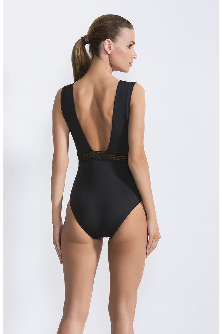Plunging V-Neck with Sheer Mesh Waistband One-Piece Swimsuit, Alternate, color, Black
