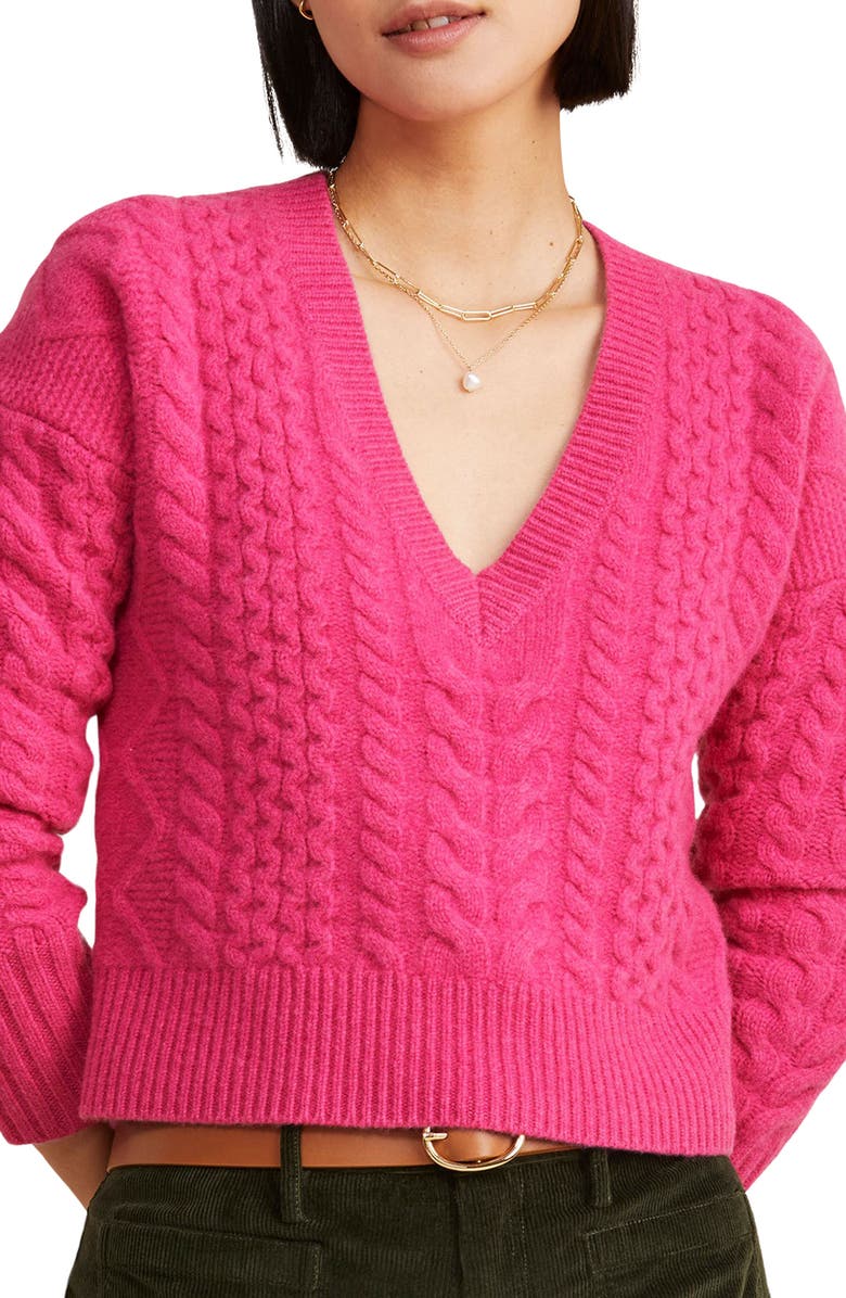 vineyard vines Cable Knit V-Neck Merino Wool Crop Sweater, Main, color, 