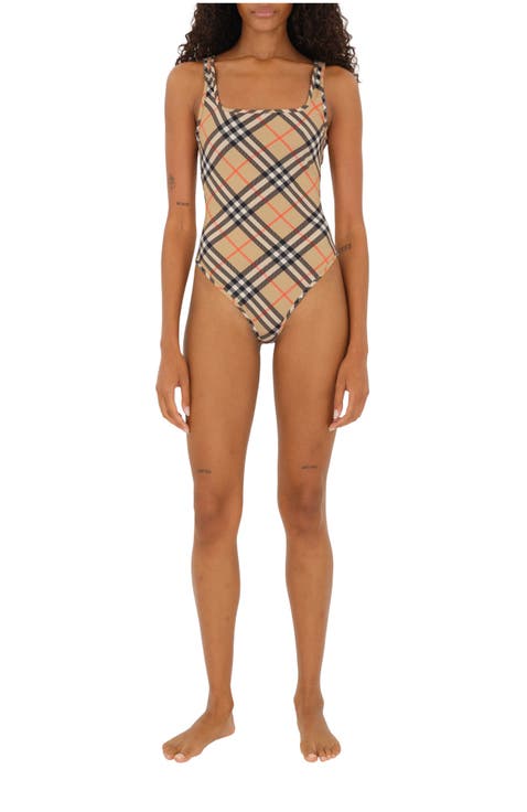 ワンピース水着 Burberry Printed stretch nylon swimsuit (8009009 A5145) Burberry - Vintage check motif one-piece swimsuit Beige