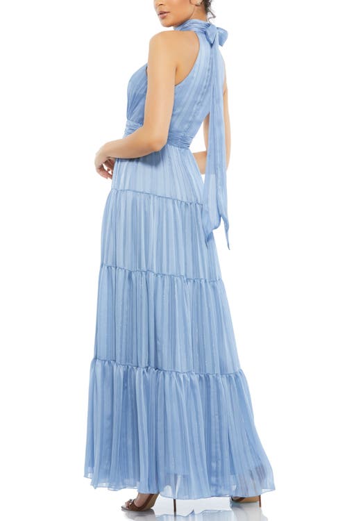 Mac Duggal Tie Neck Tiered Halter Gown In Slate Blue